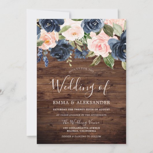 Navy & Blush Flowers Rustic Country Wedding Kaart (Voorkant)
