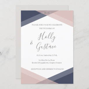 Navy Blush Geometric Monogram Modern Chic Wedding Kaart