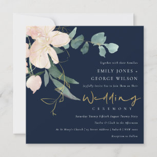 NAVY BLUSH GOLD FLORAL BUNCH WATERVERF WEDING KAART