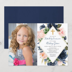 Navy blush gold floral First Holy Communion photo Kaart