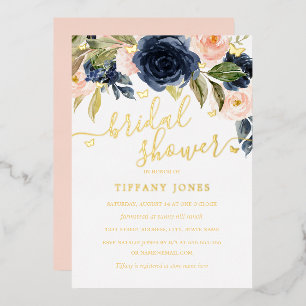 Navy Blush Gold Vlinder Bloemen Vrijgezellenfeest Folie Uitnodiging