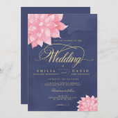Navy Blush Goud Bloemen Dahlia bruiloft uitnodigin Kaart (Voorkant / Achterkant)