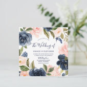 Navy & Blush Modern Waterverf Flowers Wedding Kaart (Staand voorkant)