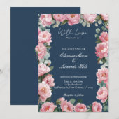 Navy Blush Peony Eucalyptus Wedding Invitation (Devant / Derrière)
