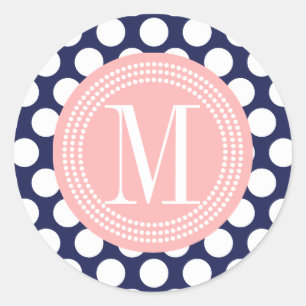 Navy & Blush Pink Big Polka Dots Monogramed Ronde Sticker