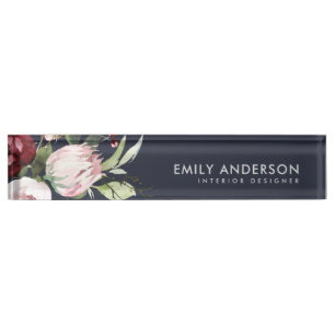 NAVY BLUSH PINK BURGUNDY PROTEA FLORAL WATERVERF NAAMBORDJE