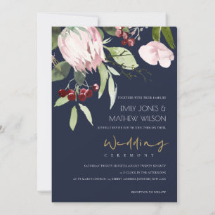 NAVY BLUSH PINK BURGUNDY PROTEA FLORAL WEDING KAART