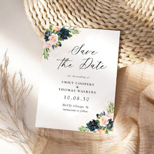 Navy & Blush Pink Floral Enregistrer La Carte Date