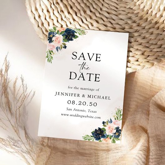 Navy & Blush Pink Floral Enregistrer La Carte Date