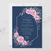 Navy Blush Pink Floral Waterverf Monogram bruiloft Kaart (Voorkant)