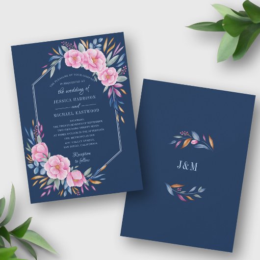 Navy Blush Pink Floral Waterverf Monogram bruiloft Kaart