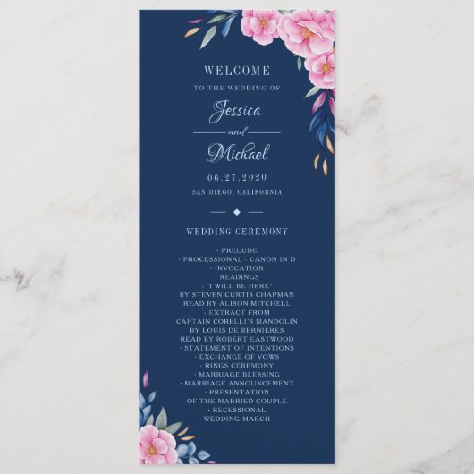 Navy Blush Pink Floral Waterverf Monogram bruiloft Programma (Voorkant)