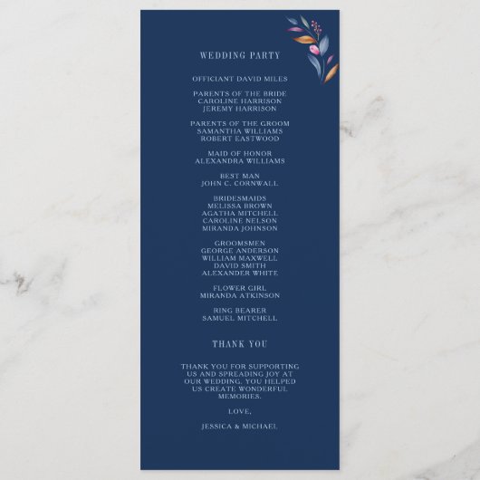 Navy Blush Pink Floral Waterverf Monogram bruiloft Programma (Achterkant)