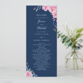 Navy Blush Pink Floral Waterverf Monogram bruiloft Programma (Staand voorkant)