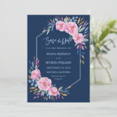Navy Blush Pink Floral Waterverf Monogram bruiloft Save The Date (Staand voorkant)