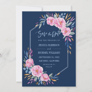 Navy Blush Pink Floral Waterverf Monogram bruiloft Save The Date
