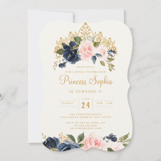 Navy Blush Prinses Floral Tiara Verjaardag Kaart (Voorkant)