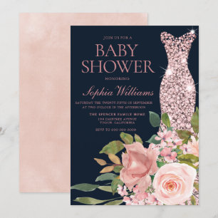 Navy & Blush Roos Gold Dress Floral Baby shower Kaart