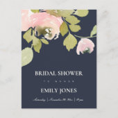 NAVY BLUSH ROOS WATERVERF FLORAL VRIJGEZELLENFEEST UITNODIGING BRIEFKAART (Voorkant)