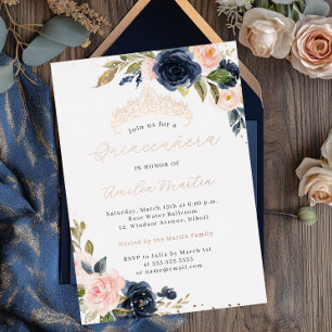 Navy Blush Rose Goud Quinceanera Folie Uitnodiging