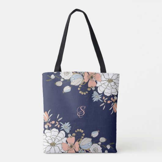 Navy Blush Roze Blauw Bloemen Gepersonaliseerd Draagtas (Achterkant)