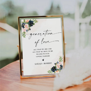 Navy & Blush Roze Bloemen Generatie van Liefde tek Reclamebord Met Voetstuk