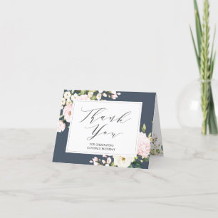 Navy & Blush Roze Bloemen Gevouwen Dank u kaart