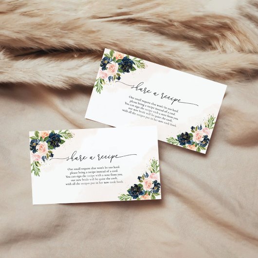 Navy & Blush Roze Bloemen Recept Aanvraag Kaart