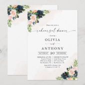 Navy & Blush Roze Bloemen repetitie diner Kaart (Voorkant / Achterkant)