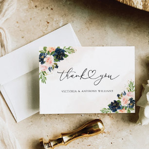 Navy & Blush Roze Bloemen Vrijgezellenfeest Flat Bedankkaart