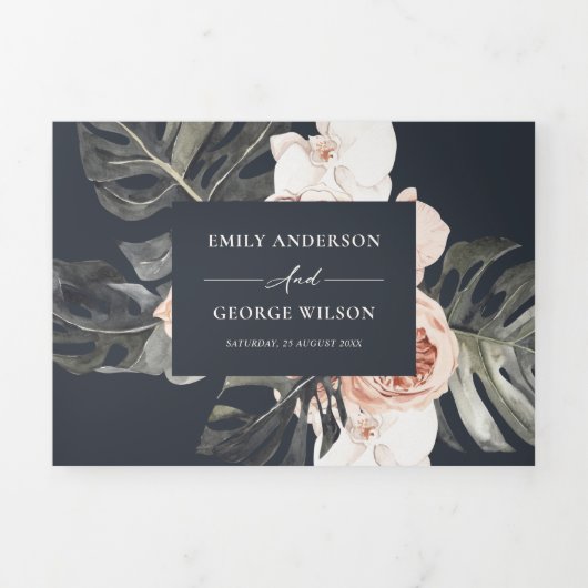 NAVY BLUSH RUST MONSTERA FLORA WATERVERF WEDING DRIELUIK UITNODIGING (Cover)