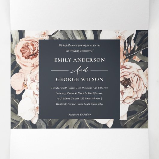 NAVY BLUSH RUST MONSTERA FLORA WATERVERF WEDING DRIELUIK UITNODIGING (Binnenkant midden)