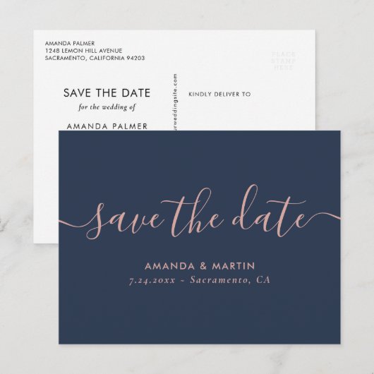 Navy Blush Script Wedding Sla de datum Briefkaarte Aankondigingskaart (Voorkant / Achterkant)