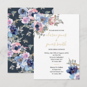 Navy & Blush Watercolor Flowers Rehearsal Dinner Kaart