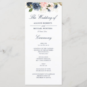 Navy & blush waterverf bloemenbruiloft programma