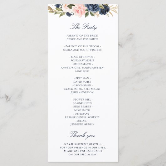 Navy & blush waterverf bloemenbruiloft programma (Achterkant)