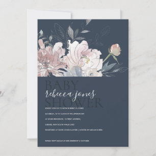 NAVY BLUSH WATERVERF FLORAL BABY SHOWER INVITE BEDANKKAART
