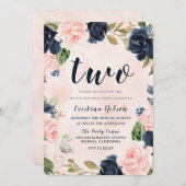 Navy Blush Waterverf Flowers 2e verjaardag Kaart (Voorkant / Achterkant)