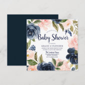 Navy Blush Waterverf Flowers Baby shower Kaart (Voorkant / Achterkant)