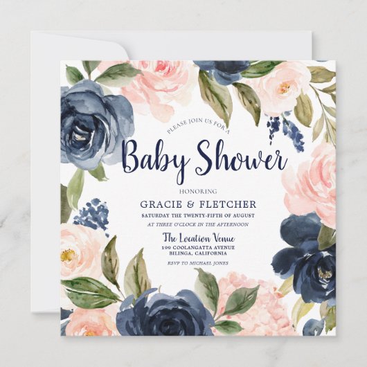 Navy Blush Waterverf Flowers Baby shower Kaart (Voorkant)