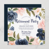 Navy Blush Waterverf Flowers Retirement Party Kaart (Voorkant / Achterkant)