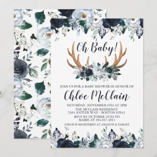 Navy Boho Baby shower Invitation Baby Boy Kaart (Voorkant / Achterkant)