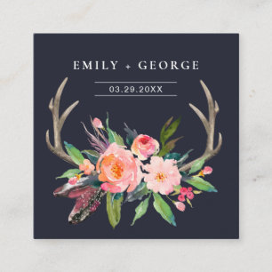 NAVY BOHO BLUSH ANTLER FLORAL WEDDING WEBSITE RSVP VIERKANTE VISITEKAARTJE