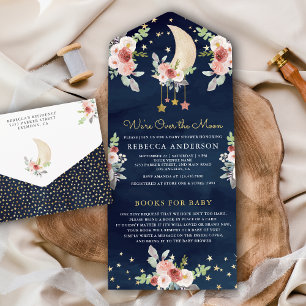 Navy Boho Burgundy Floral Stars Moon Baby shower All In One Uitnodiging