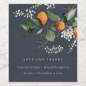 Navy Boho Oranje Blossom Botanical Wedding Wijn Etiket (Enkel label)