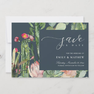 NAVY BOHO PINK DESERT CACTUS FLORAL WATERVERF SAVE THE DATE