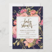 Navy Boho Pink Wild Flower baby shower Uitnodiging (Voorkant)