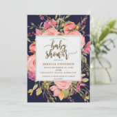 Navy Boho Pink Wild Flower baby shower Uitnodiging (Staand voorkant)