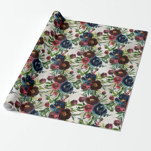Navy Bordeaux Peonies Blooming Garden Wrapping Pap Cadeaupapier (Uitgerold)