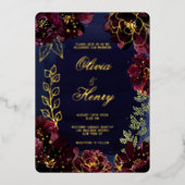 Navy Bordeaux Wedding Gold Folie Uitnodiging (Voorkant)